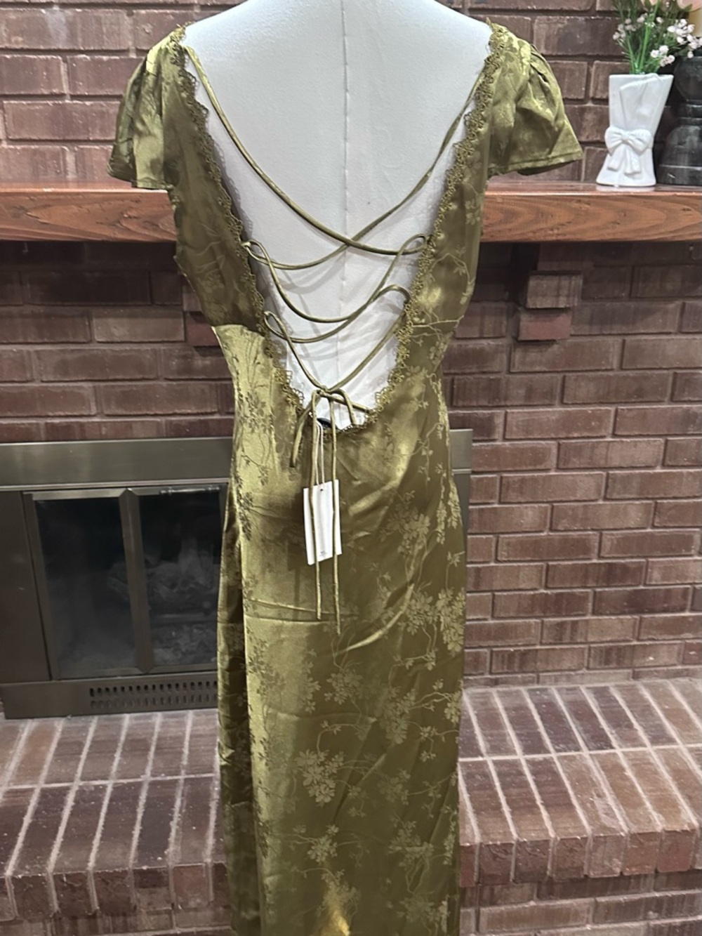 NWT Rihoas Olive Green Jacquard Cap Sleeve Satin Midi Dress XL Cottagecore - Picture 9 of 11